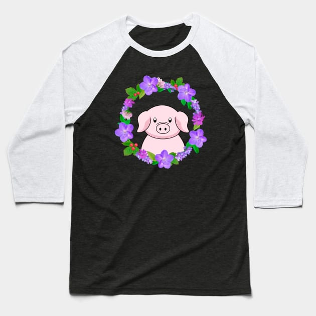 Cute Pig With Flower Wreath Baseball T-Shirt by Purrfect
